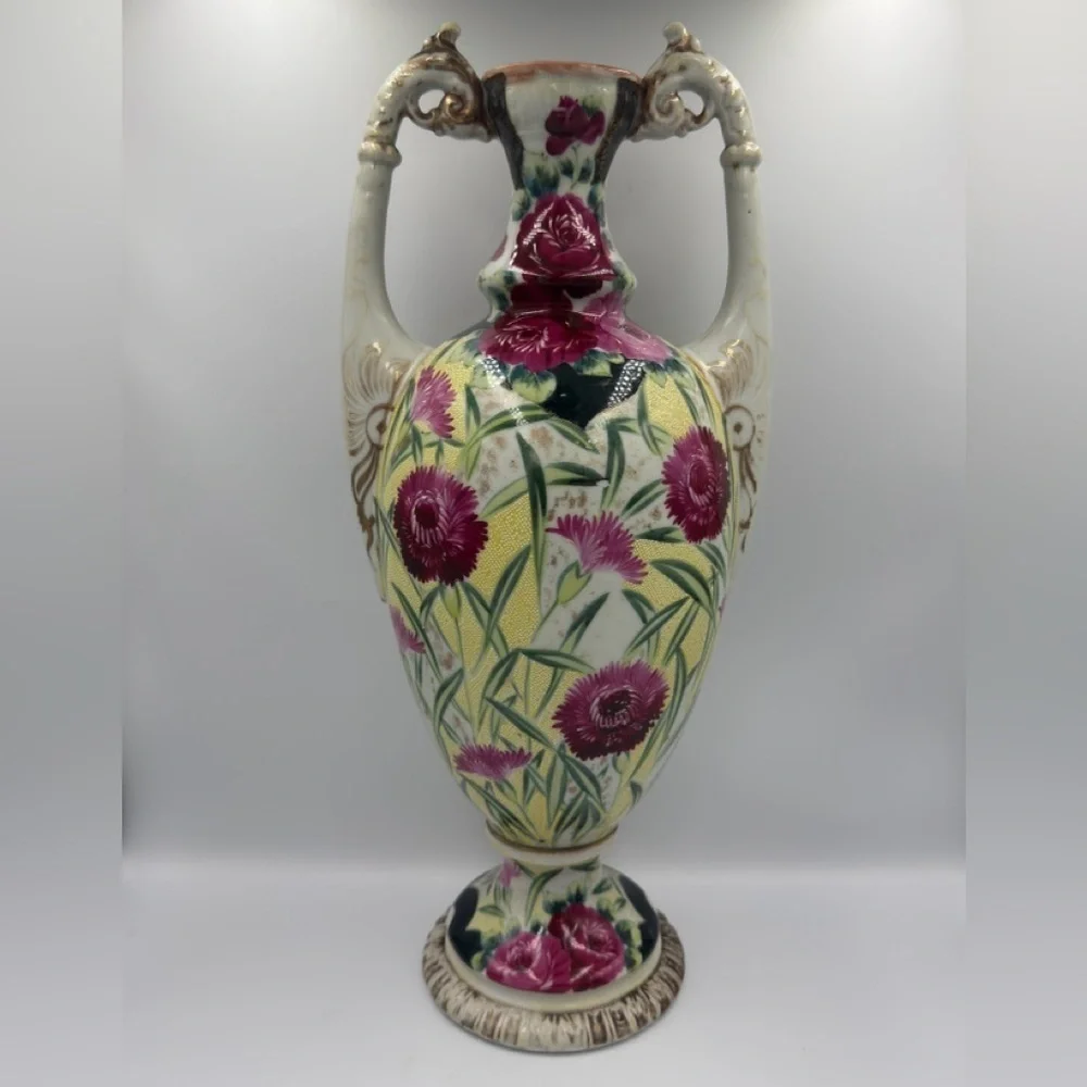 Vintage Amphora Shaped Nippon Style Porcelain Vase Hand-painted Moriage.